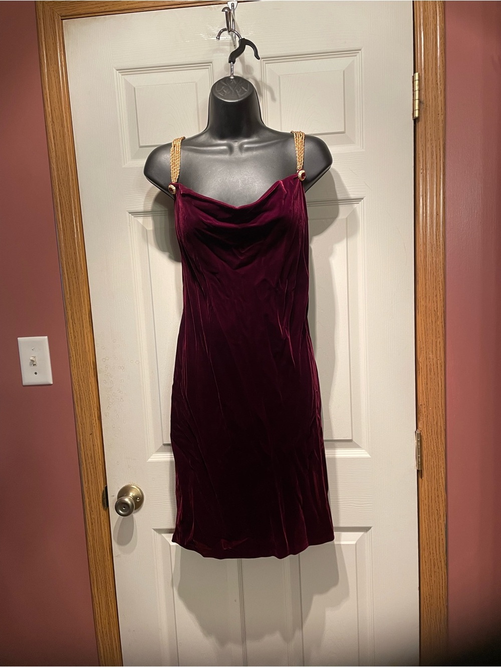 Anne Klein Burgundy Velvet Mini Dress with Gold Chain Straps